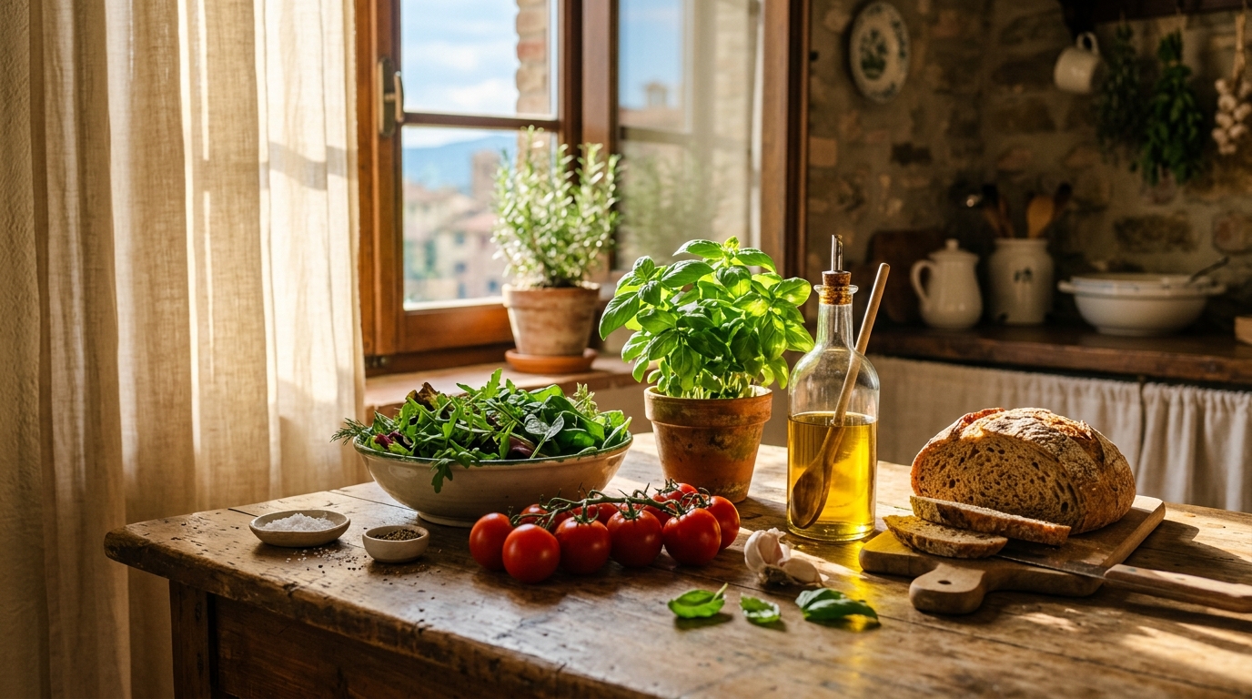 Tavola italiana con ingredienti freschi mediterranei, olio d'oliva, pomodori e basilico nella luce dorata del mattino