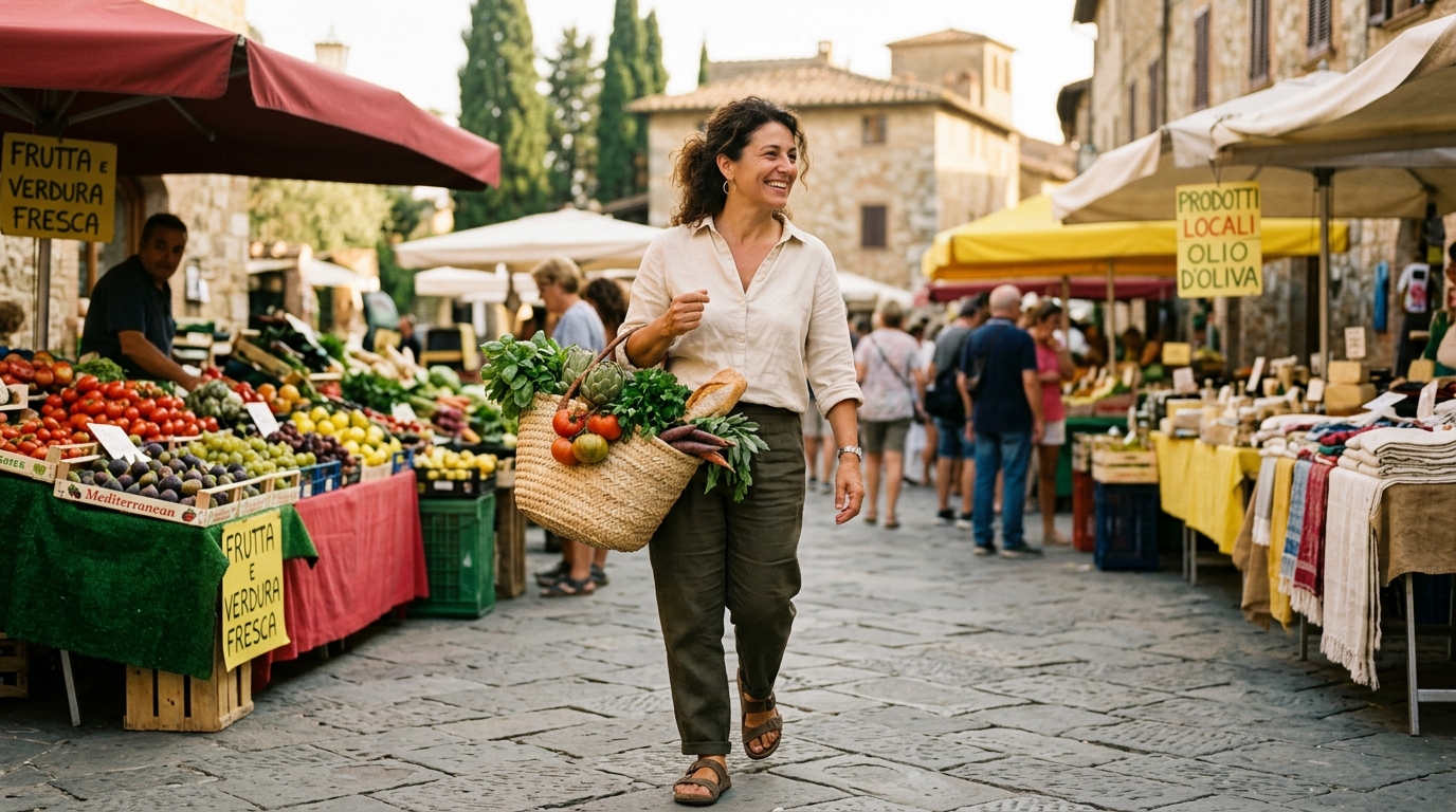 Donna italiana che passeggia attraverso un mercato locale con cesto di verdure fresche