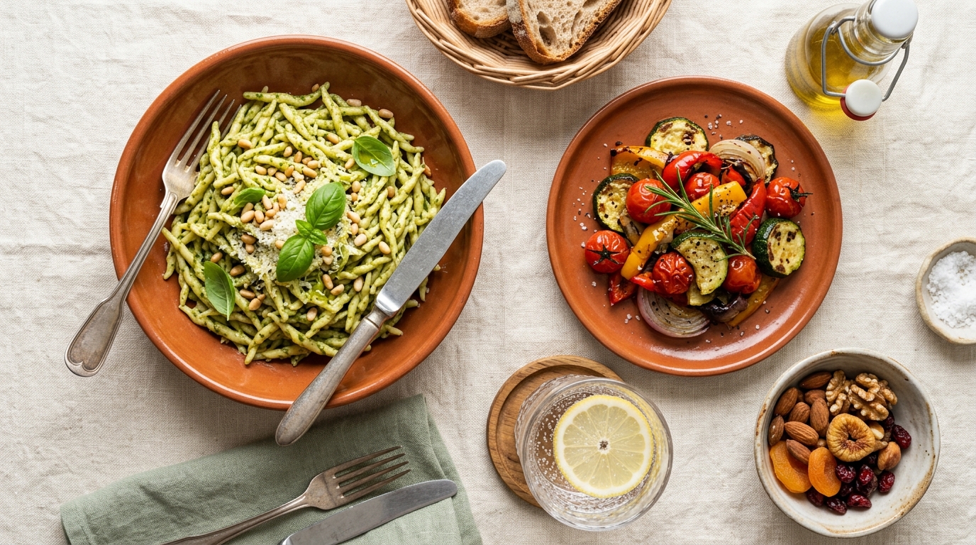 Tavola apparecchiata con piatti italiani stagionali, pasta fresca, verdure e condimenti su tovaglia di lino